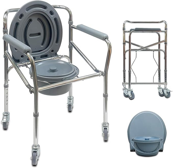 كرسي حمام سهل العناية مزود بعجلات وحاوية قابلة للإزالة وضبط الارتفاع